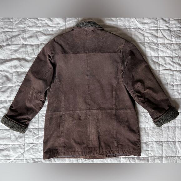 Vintage Sherpa Trimmed Brown Leather Double Breasted Chore Coat Western- Large - Picture 4 of 10